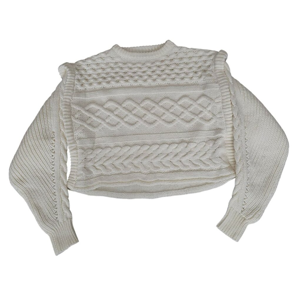 Nasty Gal Women's White Cable Knit Long Sleeve Cropped Pullover Sweater Medium - Picture 2 of 9